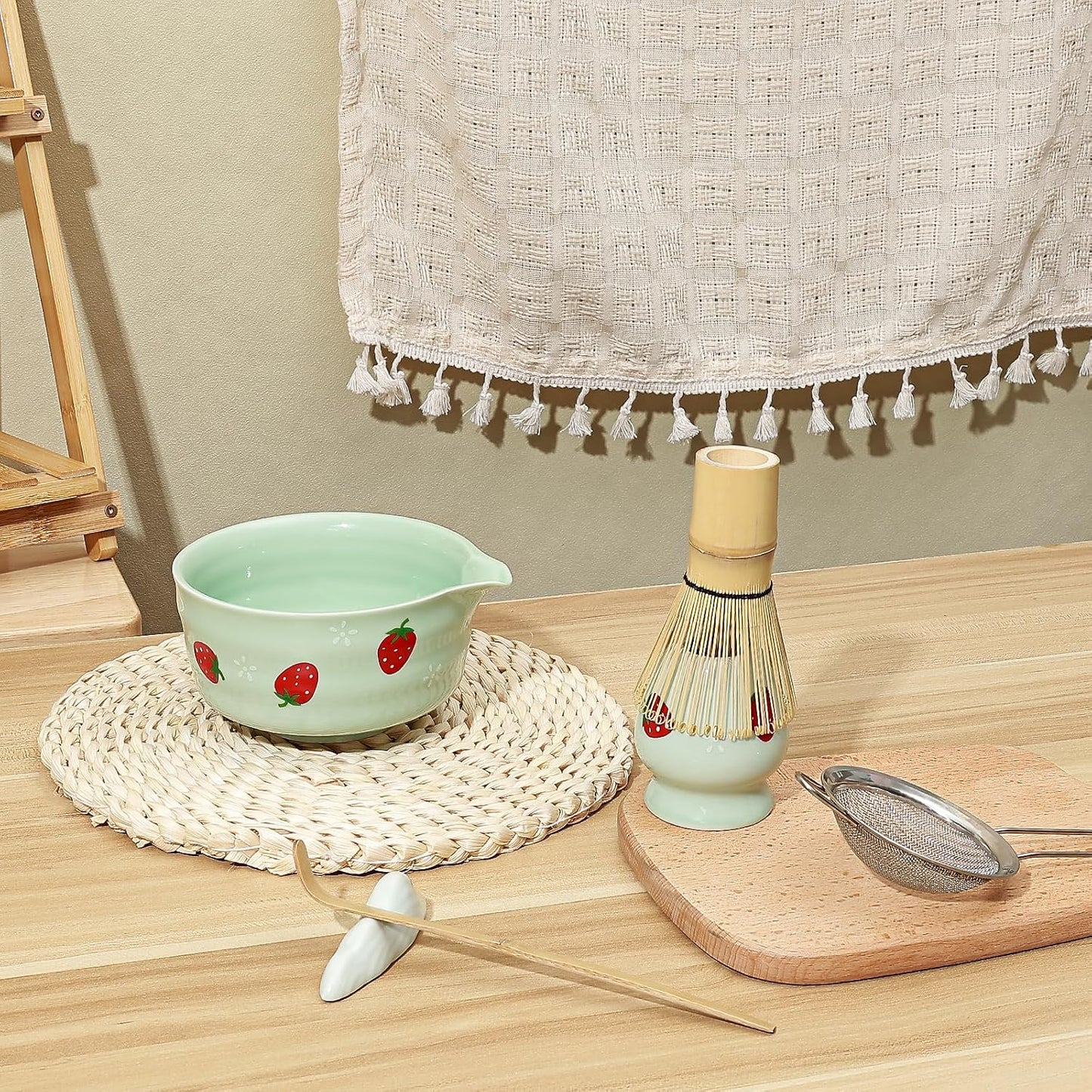 Koythin 7-Piece Blue-Green Strawberry Matcha Ceramic Tool Set | Full Matcha Preparation Set, Multi-Piece Matching Decor; Perfect Tea Lover Gift