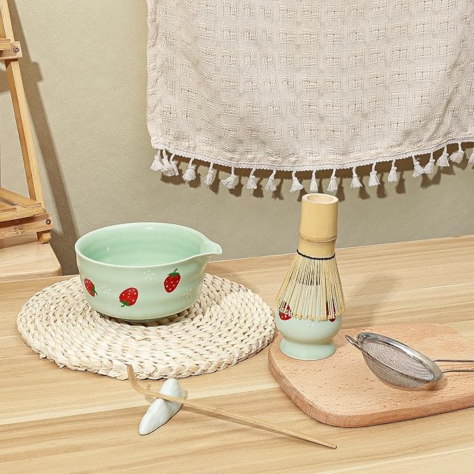 Koythin 7-Piece Ceramic Matcha Whisk Set, Adorable Strawberry Bowls Set with Whisk Holder Scoop Towel, Aesthetic Matcha Bowl Set for Ceremony (Blue-Green)