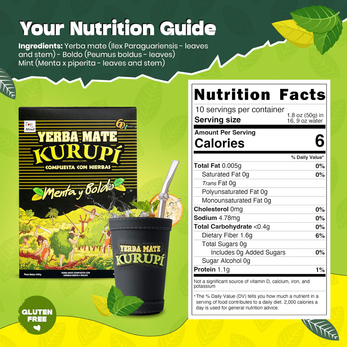 YERBA MATE KURUPI Kurupi Yerba Mate Menta Boldo 500g (17.6 oz) 4 Pack – Refreshing Mint & Boldo Herbal Blend, Traditional