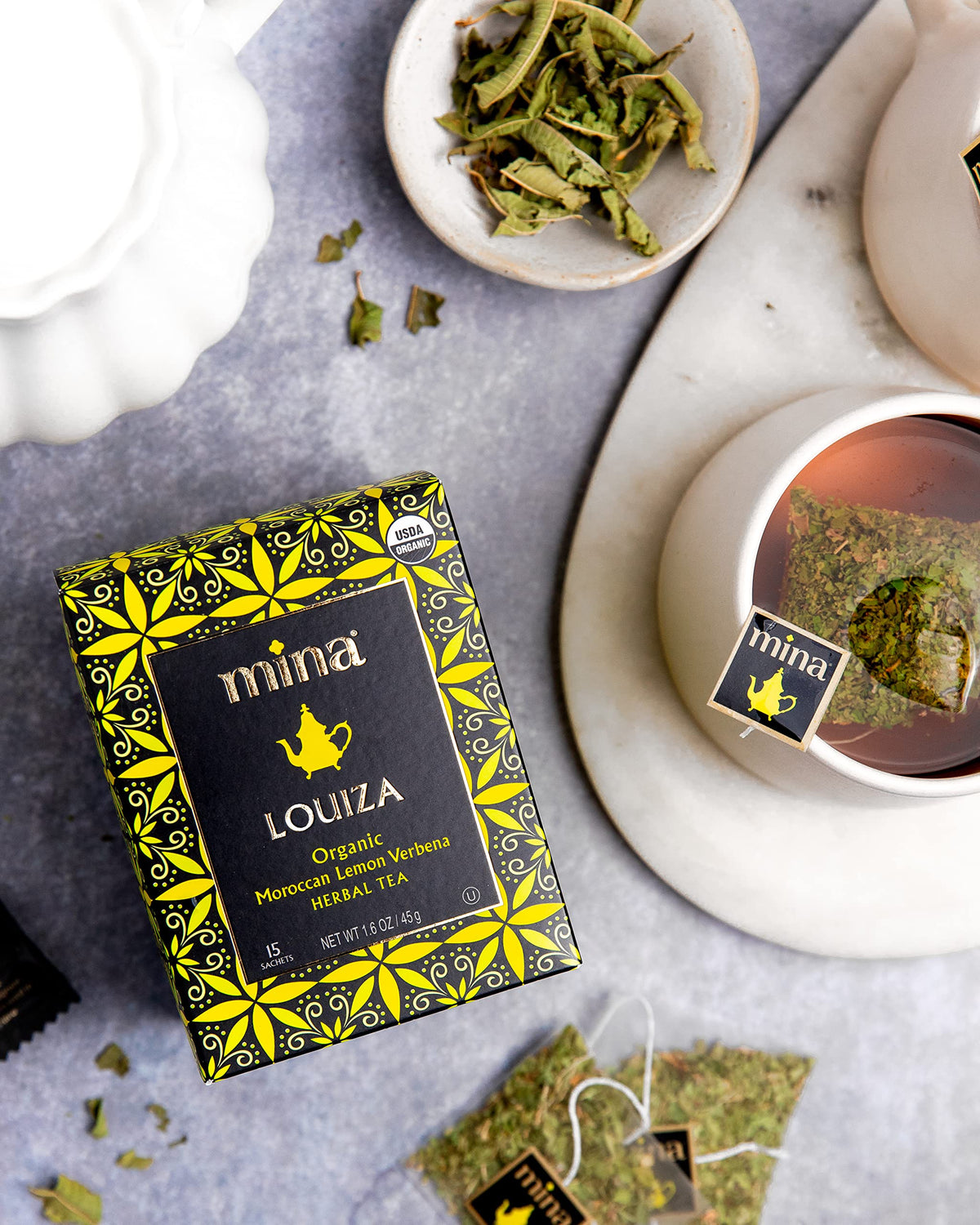 Mina Louiza Organic Moroccan Lemon Verbena Herbal Tea, Caffeine Free, Kosher, USDA Certified Organic, 15 Tea Bags