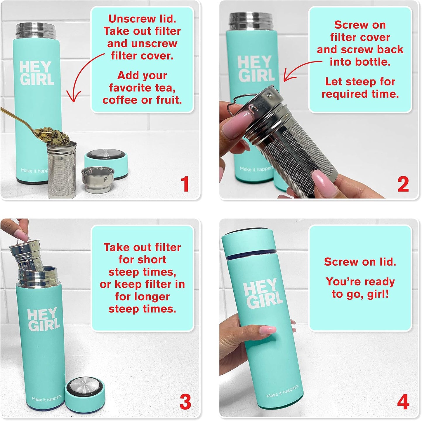Hey Girl Tea Infuser Bottle 450ml - Insulated Stainless Steel Water Bottle - Tea Tumbler with Tea Diffuser - Portable Travel Mug for Loose Leaf Tea &amp; Infused Water - Tea Lovers Gifts for Women