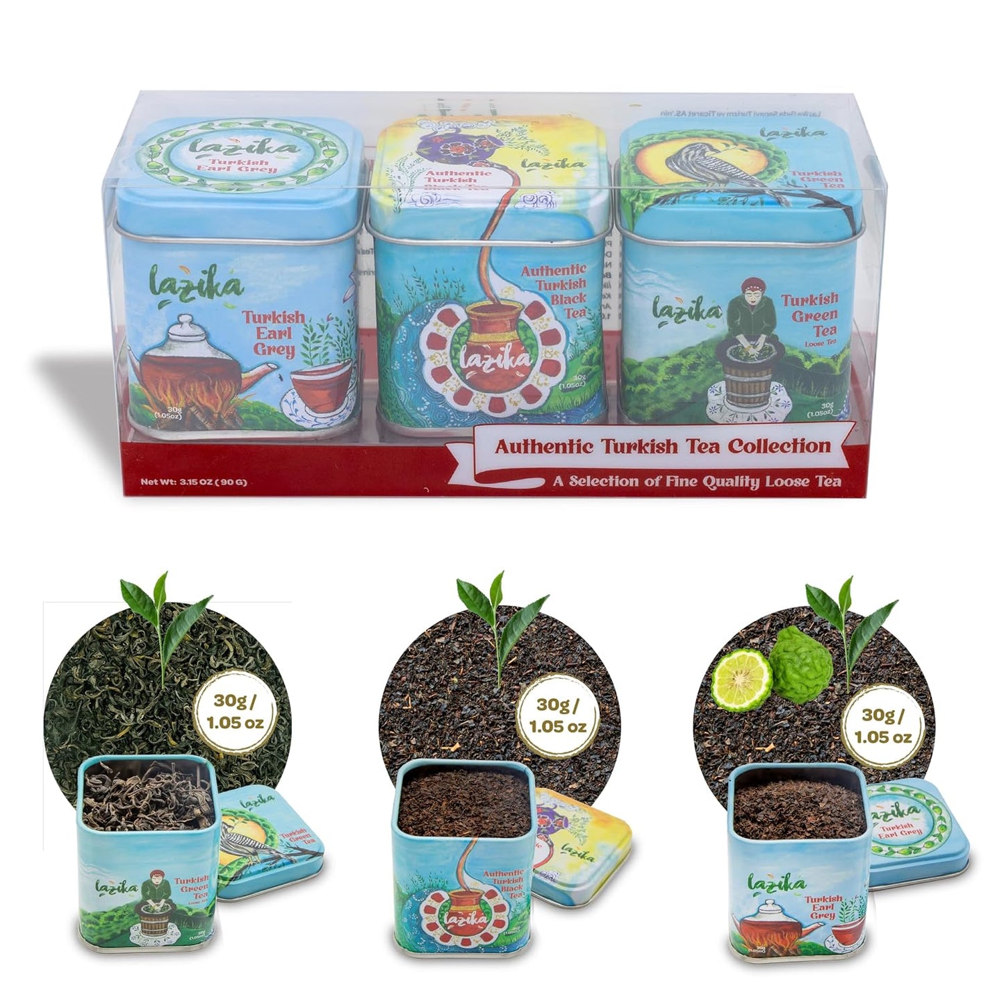 Lazika Loose Leaf Tea Set, Black Tea, Green Tea, Earl Grey, Tea Gift Set for Tea Lovers, 3.35 Oz (Pack of 3)