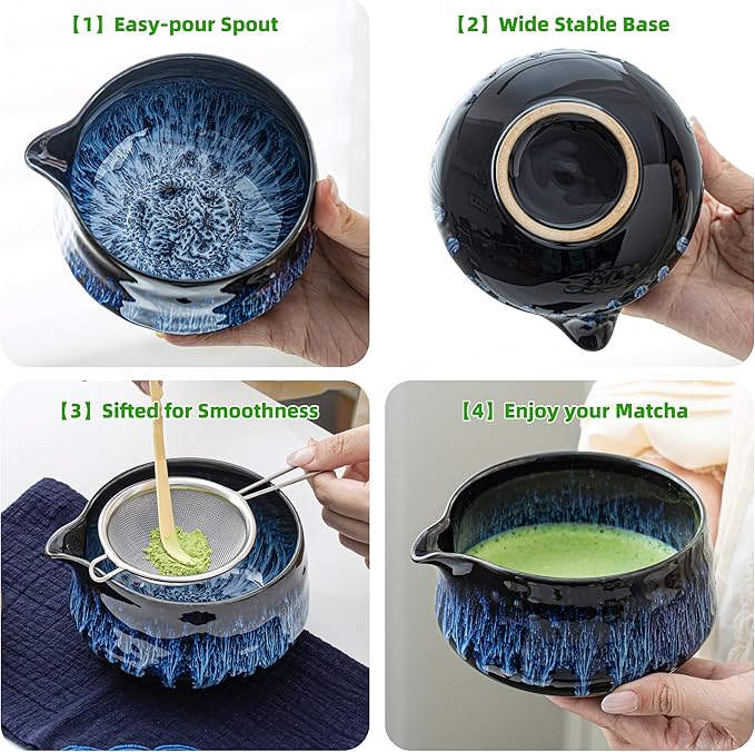 TEANAGOO 7 Pcs Matcha Whisk Set,Matcha Set for Ceremony,Matcha Kit Junware-Blue,Matcha Tea Set for Making Breakfast/Latte,Ceramic Bowl(chawan) whith Spout and Whisk,Gift for Matcha Lover