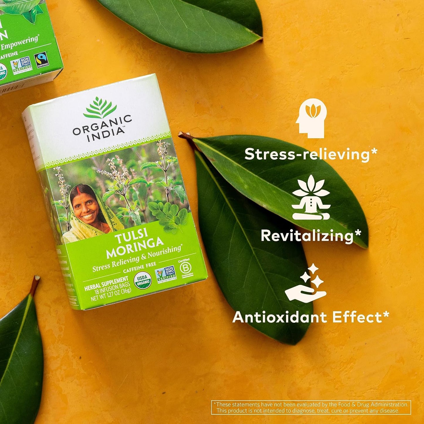 ORGANIC INDIA Tulsi Moringa Tea Bags - Holy Basil, Lemongrass, Moringa Leaves, Stress Relieving &amp; Nourishing, Immune Support Tea, Vegan, Certified Organic, Caffeine-Free - 18 Infusion Bags, 6 Pack