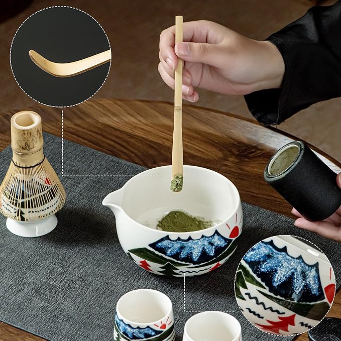Fuji Mountain Matcha Bowl Set – 6-Pcs Hand-Painted Scenic Japanese Tea Ceremony Kit, Matcha Bowl with Spout, 2 Cups, Bamboo Whisk