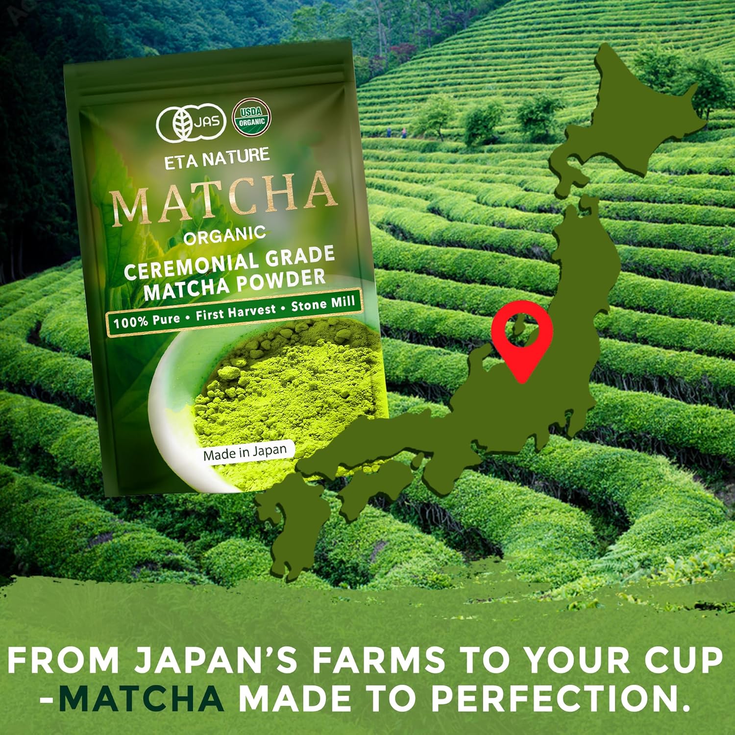 ETANATURE Premium Ceremonial Grade Matcha Powder - Matcha Green Tea Powder for Metabolism, Brain and Sleep - JAS Certified Matcha Grade from Japan Kagoshima Farms 30 Servings - Ceremonial Tea 30g
