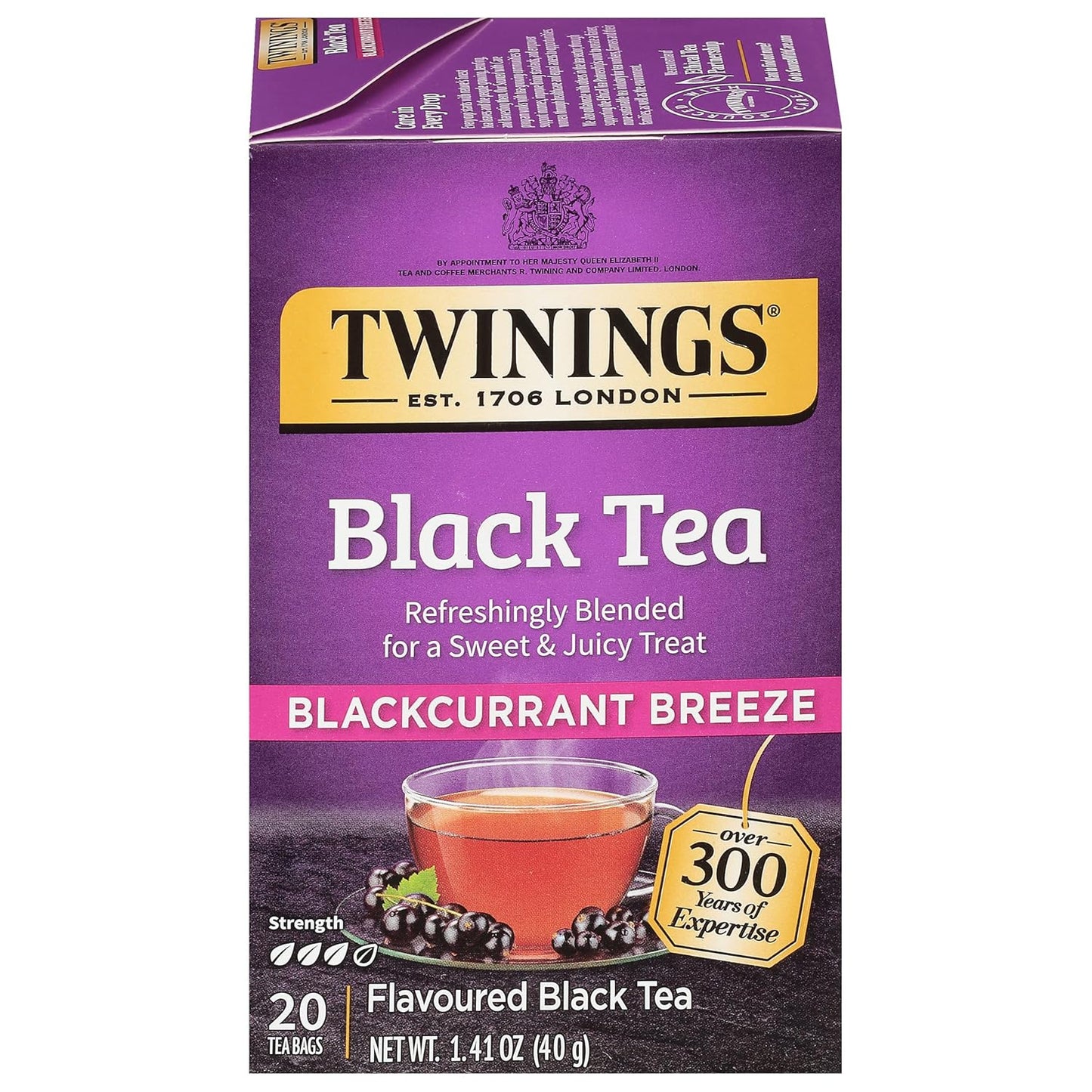 Twinings Blackcurrant Breeze Black Tea Individually Wrapped Bags, 20 Count (Pack of 2), Sweet, Tangy Taste, Caffeinated, Enjoy Hot or Iced, 40 Teabags
