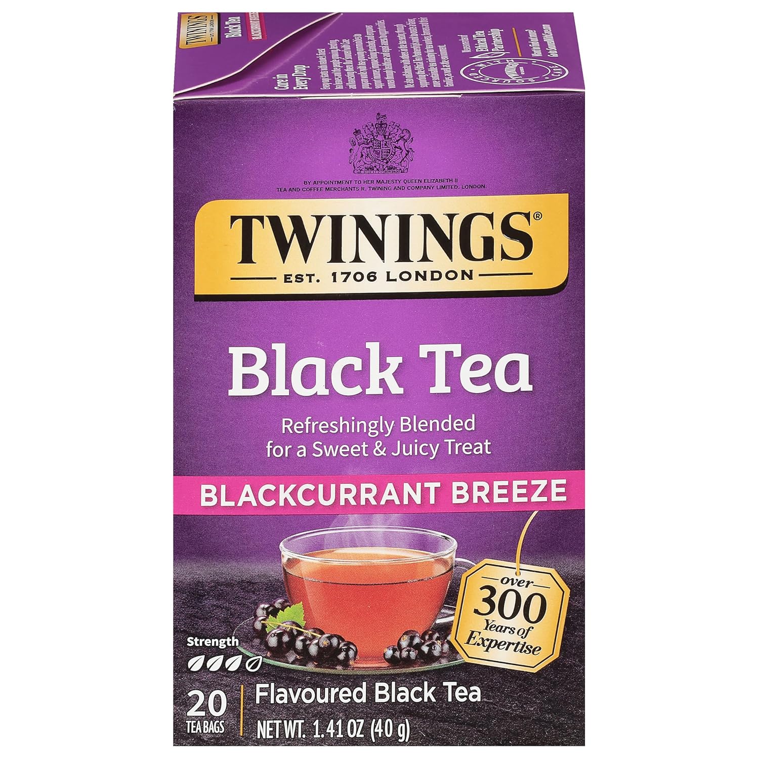 Twinings Blackcurrant Breeze Black Tea Individually Wrapped Bags, 20 Count (Pack of 2), Sweet, Tangy Taste, Caffeinated, Enjoy Hot or Iced, 40 Teabags