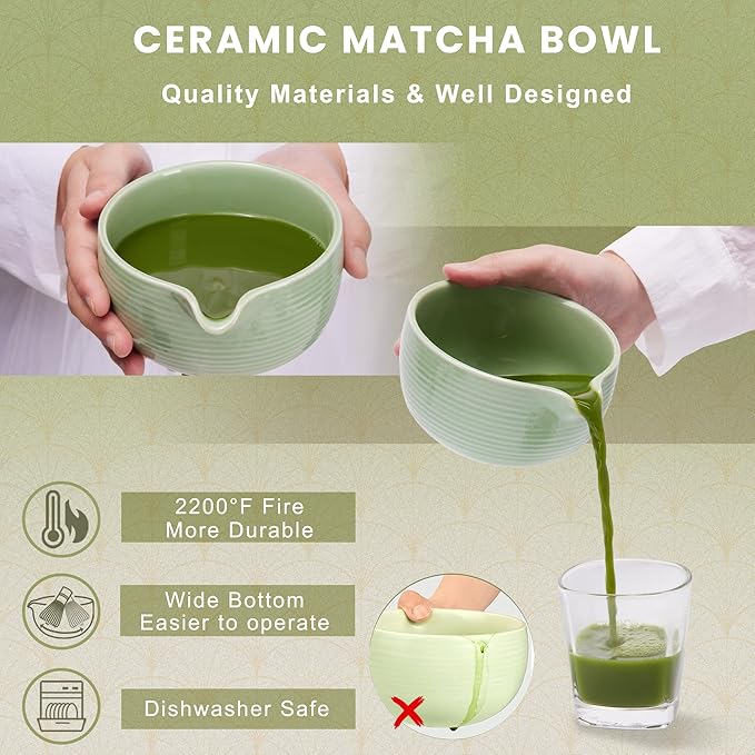 Matcha Whisk and Bowl with Ceramic Matcha Whisk Holder,Matcha Sifter, Matcha Spoon and Scoop Handmade from Natural Bamboo,Matcha Making Kit Cyan