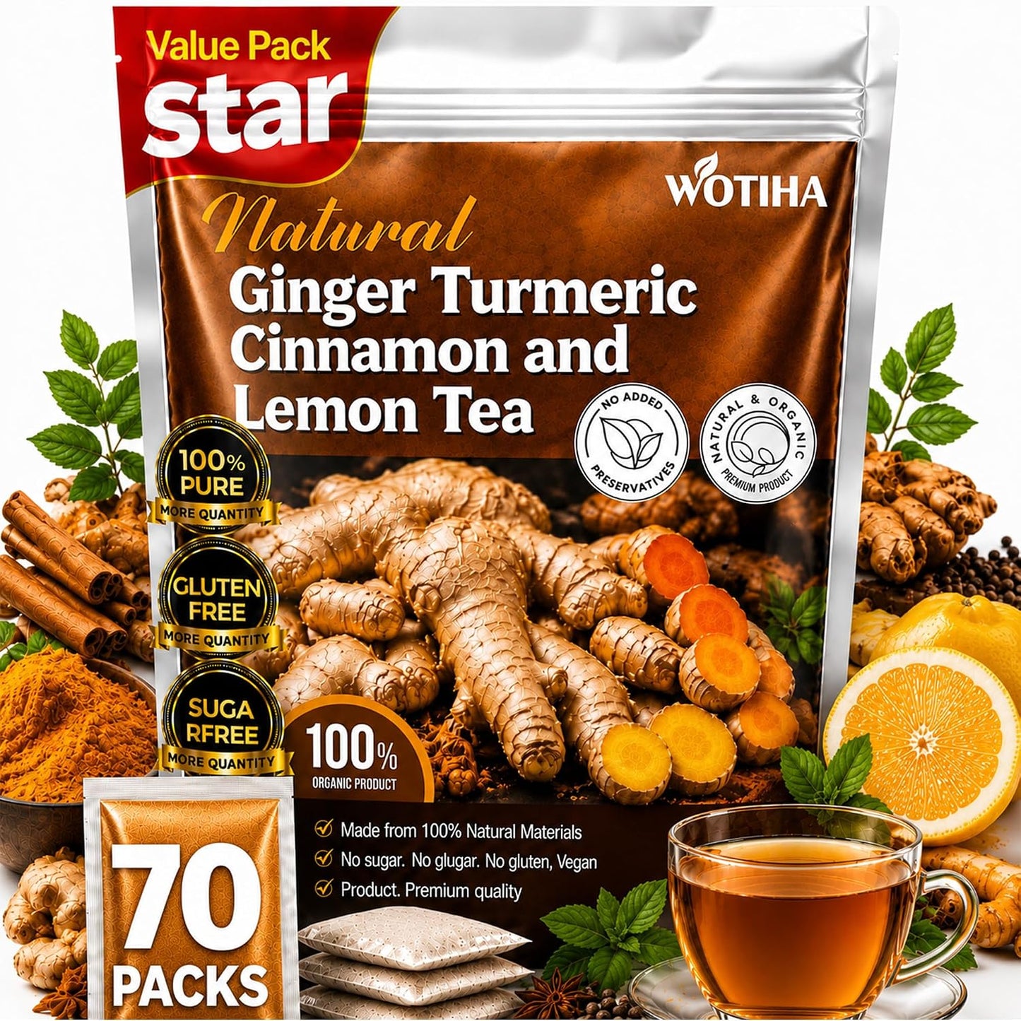 WOTIHA 70 Count Premium Turmeric Ginger Cinnamon lemon Tea Bags - 100% Natural High-Concentration Blend, Supports Healthy Inflammation &amp; Digestion, Caffeine-Free, Additive-Free, Non-GMO, Vegan