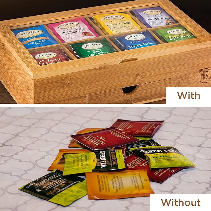 Tea Bag Organizer - Christmas Gift Bamboo Tea Box Organizer Storage Box, Tea Bag Holder with Drawer & Acrylic Window