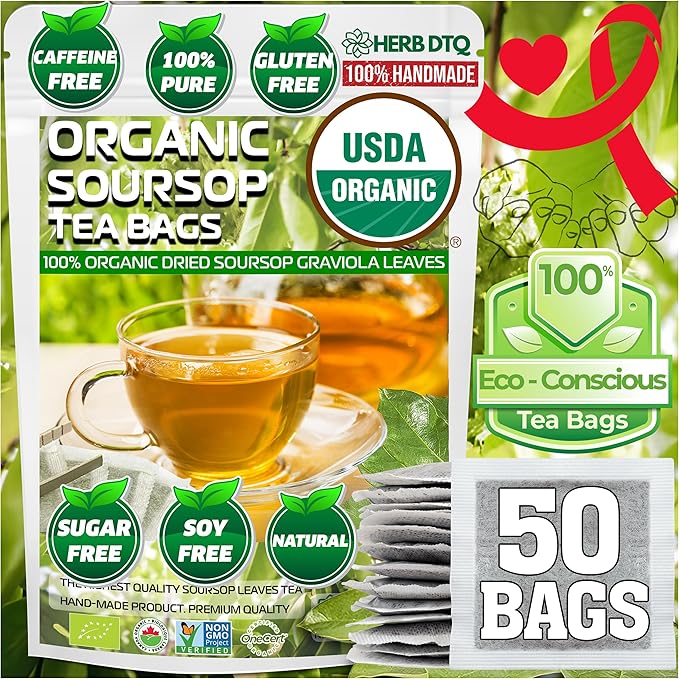 USDA Organic Soursop Leaves Tea Bags, 100% ORGANIC and Pure Soursop Graviola Leaves - Hojas De Guanabana Tea - Non-GMO - Caffeine-free - Improve Digestion, Support Healthy Skin & Sleep, Eco-Conscious Corn Fiber Tea Bags. Organic Graviola Tea