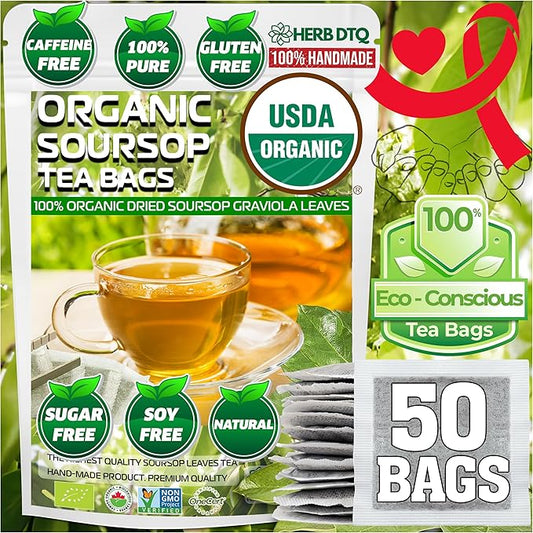 USDA Organic Soursop Leaves Tea Bags, 100% Organic and Pure Soursop Graviola Leaves - Hojas De Guanabana Tea - Non-GMO - Caffeine-free