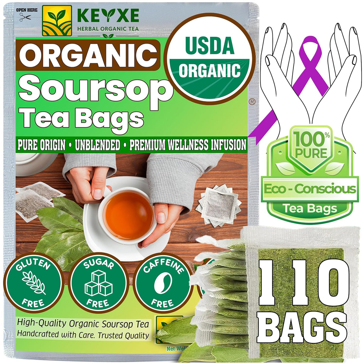 USDA Organic Soursop Graviola Leaves Tea 110 Bags. Non-GMO Verified , 100% Organic Soursop Leaves for Digestion, Boosting Immune, Improving Sleep &amp; Skin Health, Gluten Free, Caffein Free , Hojas De Guanabana Tea Organica, Eco-Conscious Tea Bags