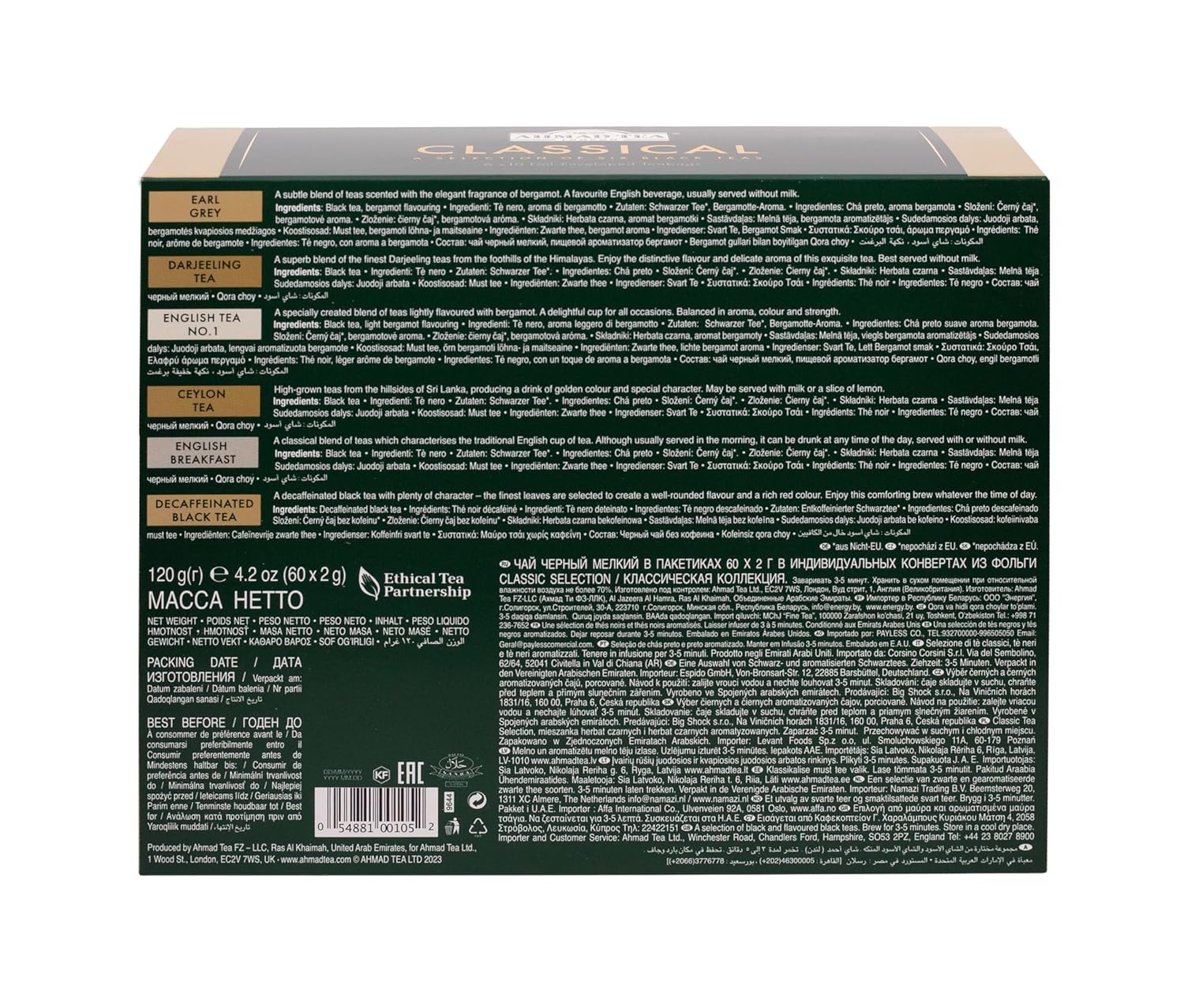 Ahmad Tea Black Tea, Classic Selection Pack Teabags, 60 Foil Teabags - Caffeinated, Decaffeinated, & Sugar-Free