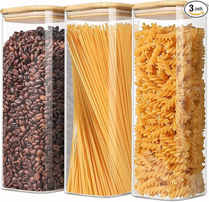 2.2 Qt Square Glass Storage Containers with Lids, Clear Food Storage Container Jar with Sealing Bamboo Lid Storage Containers for Pasta, Oats, Coffee