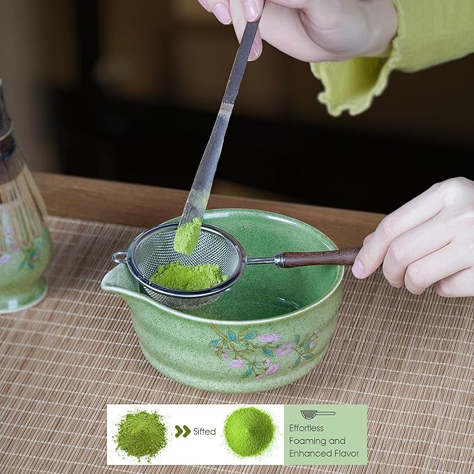 7-Piece Matcha Set with Ceramic Matcha Bowl, Bamboo Whisk (Chasen) & Holder, Sifter, Tea Scoop & Rest, Special Bamboo Tea Mat