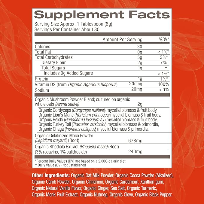 OM MUSHROOM SUPERFOOD Morning Energy Blend – Caffeine-Free Powder with Cordyceps, Lion’s Mane, Rhodiola & Vitamin D2 – Supports Energy, Focus & Endurance – 8.47 oz Canister (30 Servings)