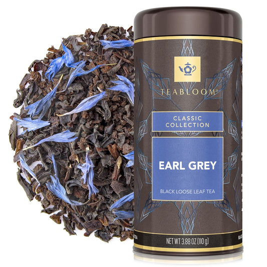 Teabloom Kosher Certified Earl Grey Loose Leaf Tea, Classic Assam Tea With Blue Cornflower Petals, 3.88 Ounce Canister Makes 35-50 Cups
