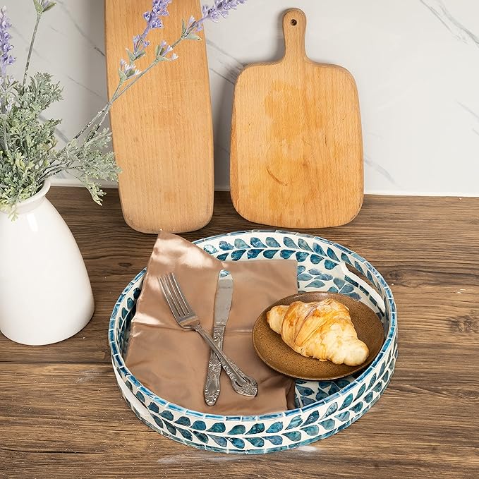 Claynix Serving Tray 12.5 Inch, Lacquer Mother of Pearl Inlay Mosaic Tray, Round Wooden Marble Tray with Handles Trays for Tea, Breakfast (Leaf Style)