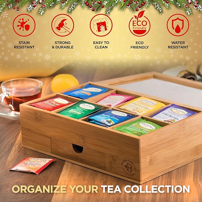 Tea Bag Organizer - Christmas Gift Bamboo Tea Box Organizer Storage Box, Tea Bag Holder with Drawer & Acrylic Window