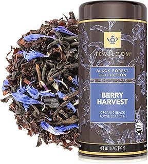 Teabloom Organic Fruity Black Tea, Berry Harvest Loose Leaf Tea, USDA Certified Organic & Kosher, Fresh Whole Leaf Blend in Reusable Gift Canister Makes 35-50 Cups