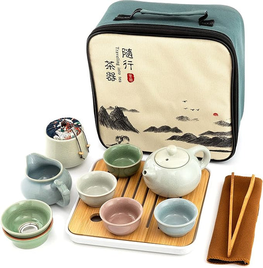 Ceramic Kungfu Tea Sets 12 Piece,Mini Protable Travel Tea Set With Tea Pot, 4x Tea Cups, Bamboo Tea Tray, Tea Canister, Travel Bag