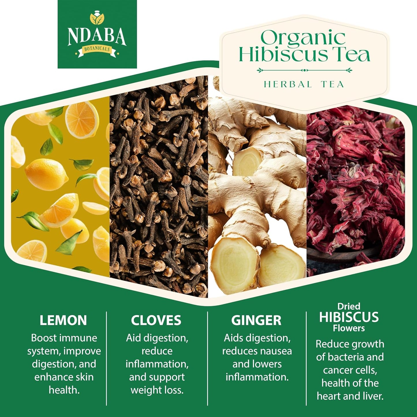 Organic Herbal Tea Bags, 35 count - Mix of Dried Hibiscus, Lemon, Ginger and Cloves herbal Tea Bags - Sugar Free - Caffeine Free - USDA Certified Organic Herbal Tea Mix