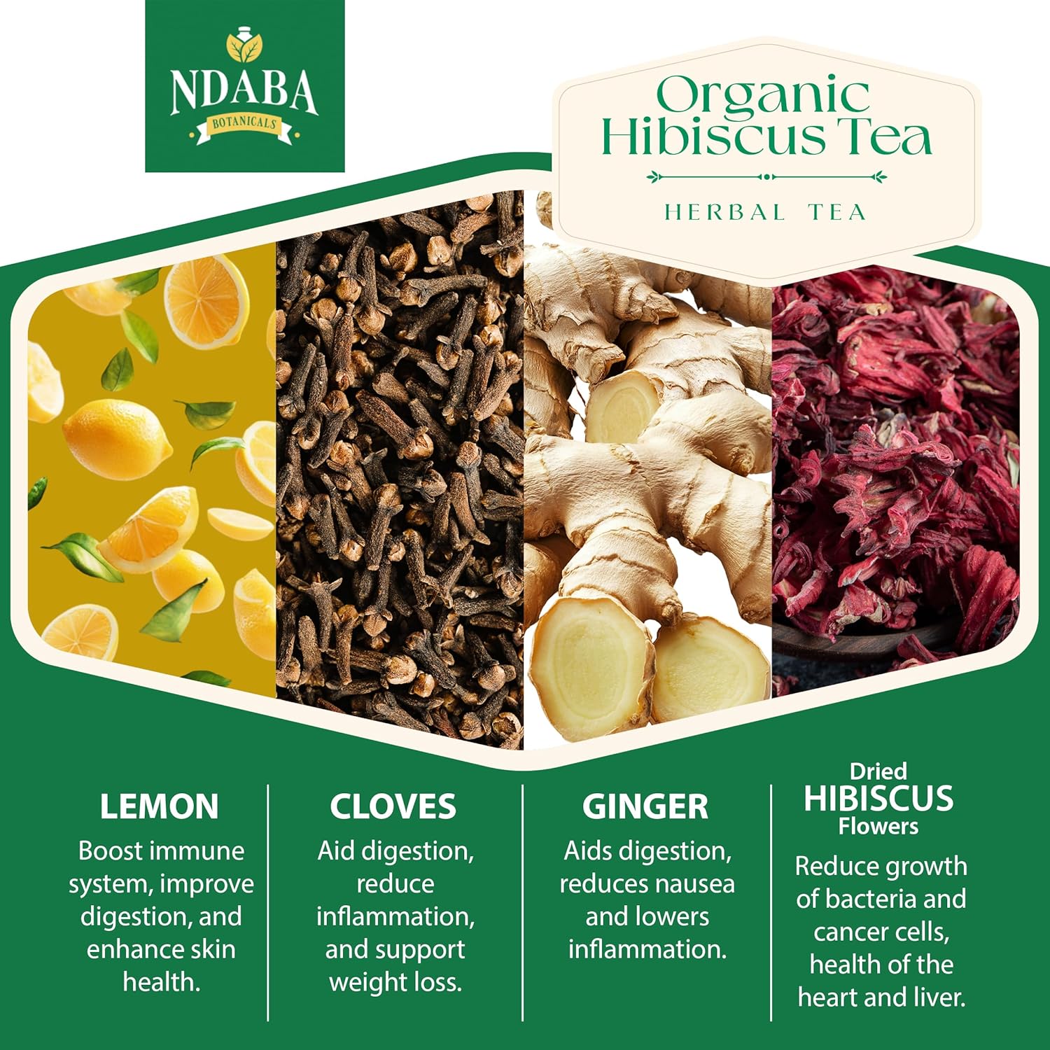 Organic Herbal Tea Bags, 35 count - Mix of Dried Hibiscus, Lemon, Ginger and Cloves herbal Tea Bags - Sugar Free - Caffeine Free - USDA Certified Organic Herbal Tea Mix