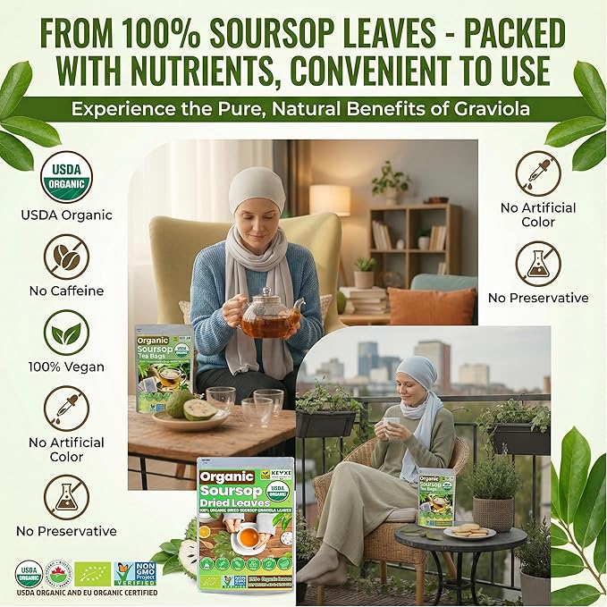 Keyxe Soursop Dried Leaves Tea USDA Organic Certified & Non GMO Verified, Caffeine Free, No Gluten, Vegan, 270-300 Whole Dried Soursop Leaves