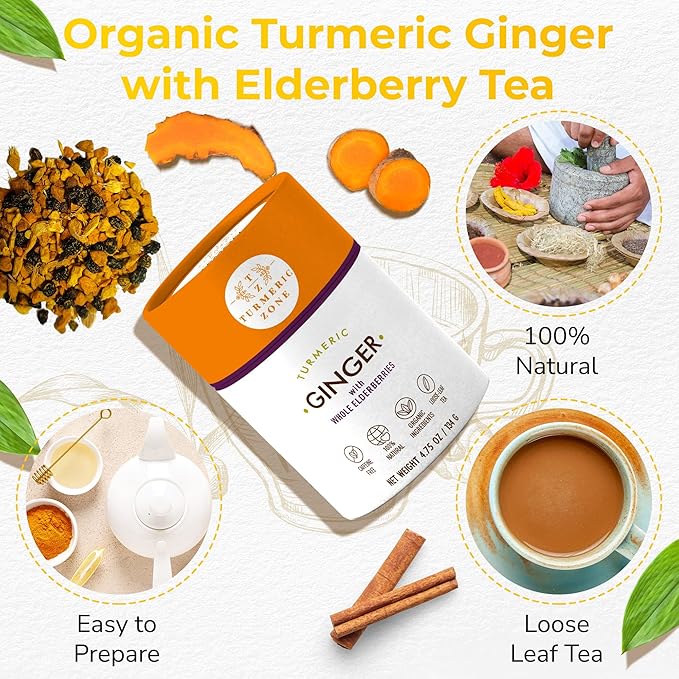 Turmeric Zone Organic Turmeric Ginger Decaf Tea with Elderberries - Made with Turmeric Root, Whole Non-irradiated Elderberries, Ginger Root, Cinnamon, Black Pepper - 4.75 oz