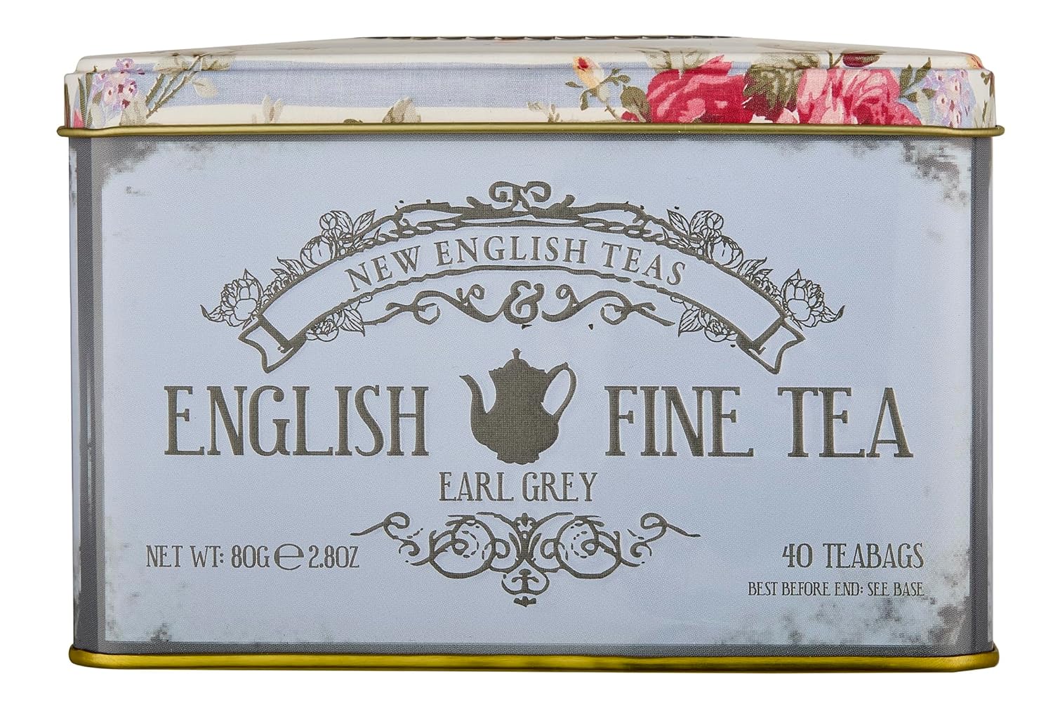 New English Teas Vintage Floral Tea Tin with 40 Earl Grey Teabags with Bergamot Flavouring