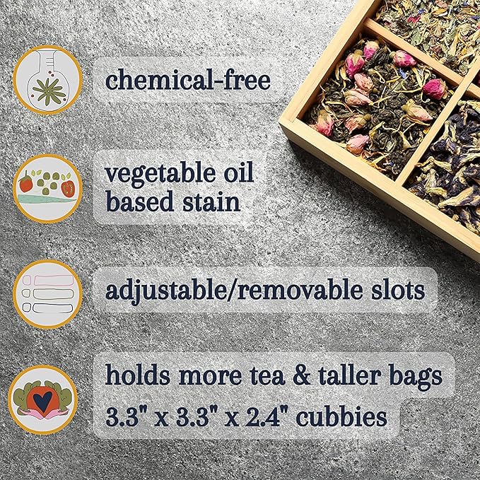 Tea Organizer Box Food Safe Chemical Free Bamboo Wood Storage Chest Big, Tall, Adjustable Cubbies (6-Slot 11" x 8.1" x 4.2" with TEA stamp design)