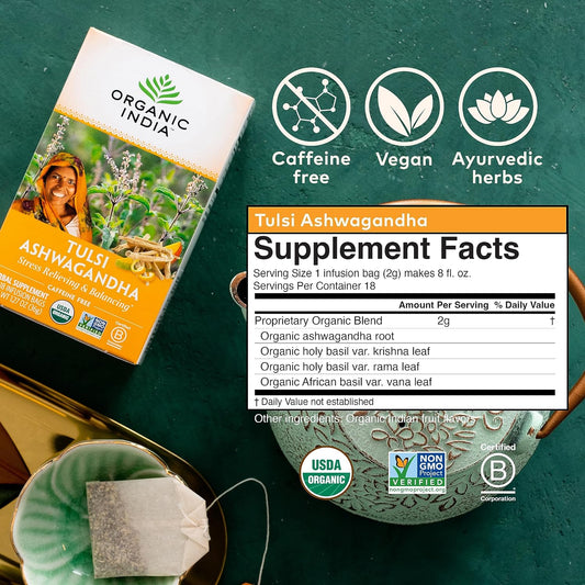 ORGANIC INDIA Calming Tulsi Ashwagandha Herbal Tea - Holy Basil Tea with Ashwagandha Root, Supports Restful Sleep - Adaptogen, Vegan, USDA Certified Organic, Non-GMO - 18 Infusion Bags, 3 Pack | Holy Basil Tea with Ashwagandha Root, Supports Restful Sleep