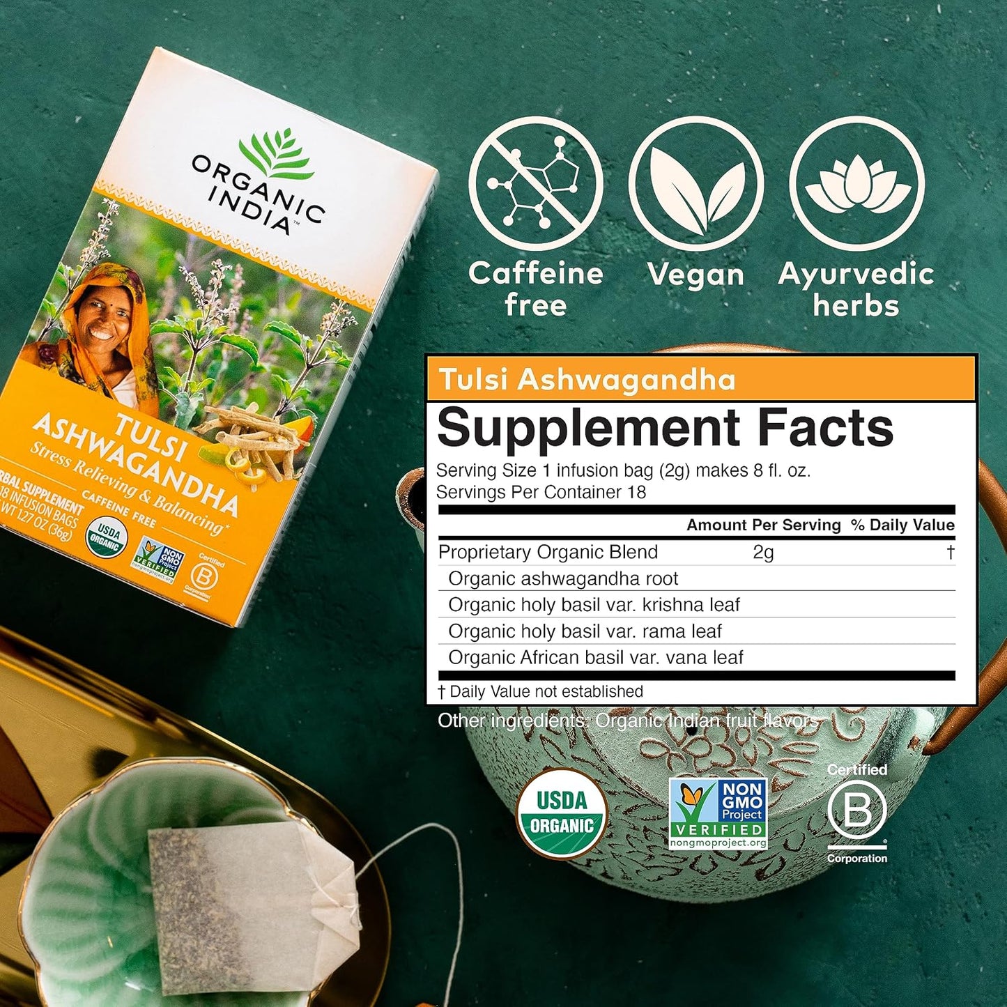 ORGANIC INDIA Calming Tulsi Ashwagandha Tea - Organic Tea Bags, Holy Basil, Vegan, USDA Certified Organic, Non-GMO, Caffeine Free - 18 Infusion Bags, 6 Pack | Organic Tea Bags, Holy Basil, Vegan, USDA Certified, Non-GMO, Caffeine Free