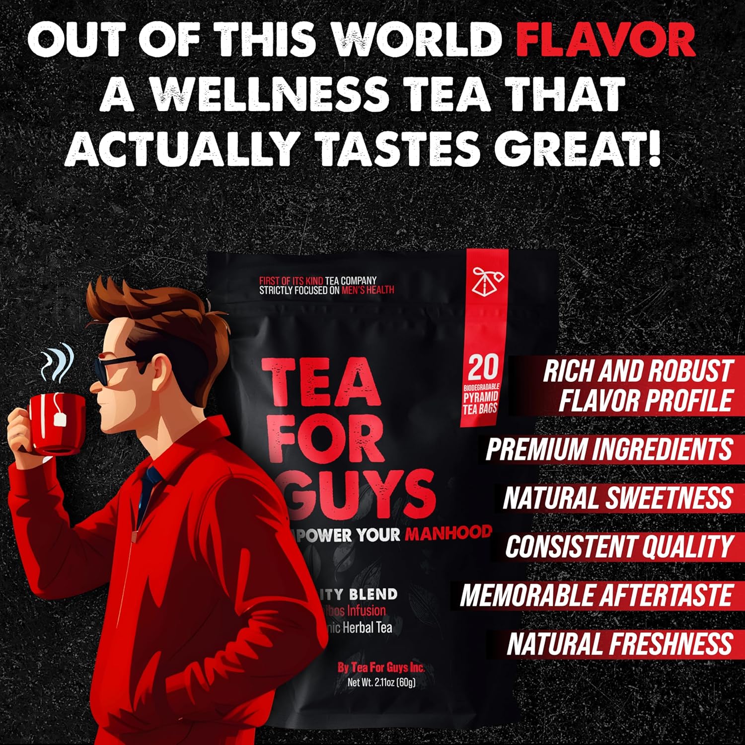 Tea For Guys: Vitality Blend – Natural Support for Testosterone, Libido, Male Fertility and overall Male Vitality | Herbal Tea for Mens Wellness – 20 Biodegradable Tea Bags