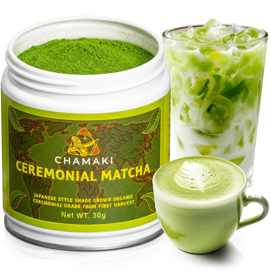 Chamaki Ceremonial Matcha Powder-First Harvest Japanese Style -Shade Grown Organic Premium Grade 1oz/30g Tin Ready for baking and Latte Authentic