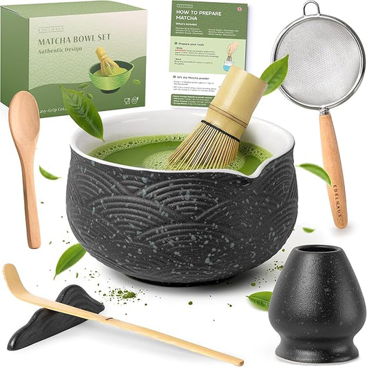 Matcha Kit Whisk Set (7 Pcs) - Complete Matcha Set, Matcha Bowl with with Bowl, Whisk and Holder, Bamboo Spoon/Scoop, Scoop Rester and Sifter incl