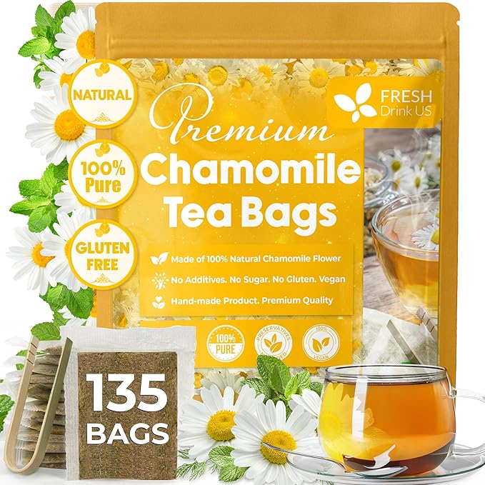 FRESHDRINKUS, Premium 135 Chamomile Tea Bags, 100% Natural and Pure Chamomile Flowers, Eco-conscious Tea Bags. Herbal Tea. No Sugar, No Caffeine, No Gluten, Vegan.
