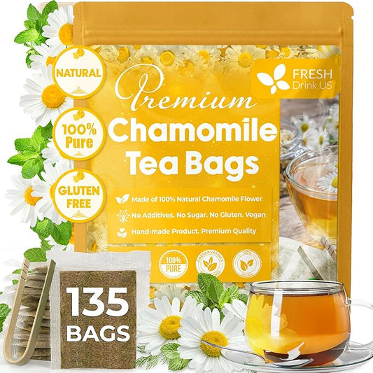 FRESHDRINKUS, Premium 135 Chamomile Tea Bags, 100% Natural and Pure Chamomile Flowers, Eco-conscious Tea Bags. Herbal Tea. No Sugar, No Caffeine, No Gluten, Vegan.