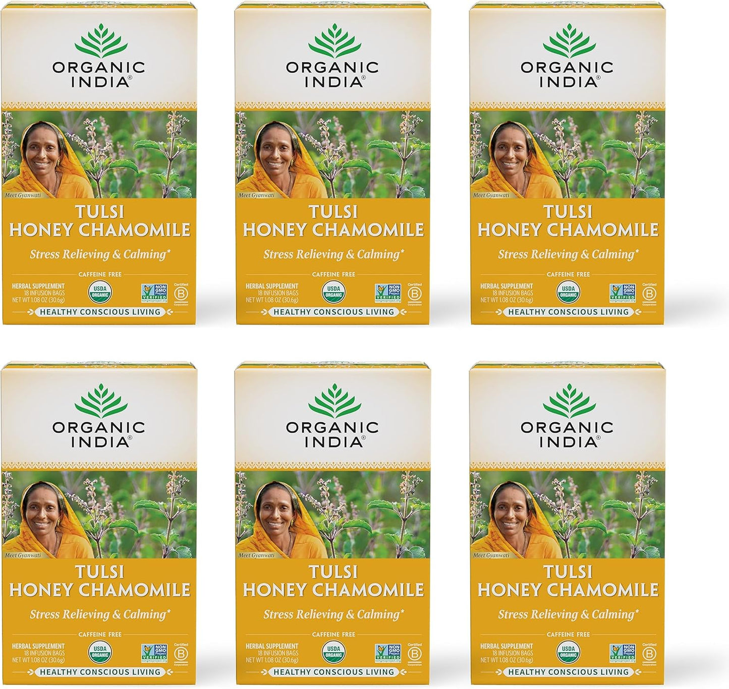Organic India Tulsi Honey Chamomile Tea Bags - Herbal Tea for Stress Relieving &amp; Calming, Immune Support, Adaptogen, Gluten-Free, USDA Certified Organic, Caffeine-Free - 18 Infusion Bags, 6 Pack | Herbal Tea for Stress Relieving &amp; Calming, Immune