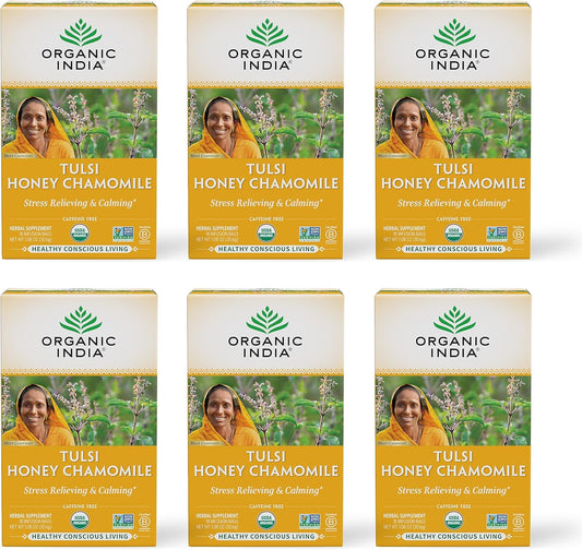 Organic India Tulsi Honey Chamomile Tea Bags - Herbal Tea for Stress Relieving &amp; Calming, Immune Support, Adaptogen, Gluten-Free, USDA Certified Organic, Caffeine-Free - 18 Infusion Bags, 6 Pack | Herbal Tea for Stress Relieving &amp; Calming, Immune