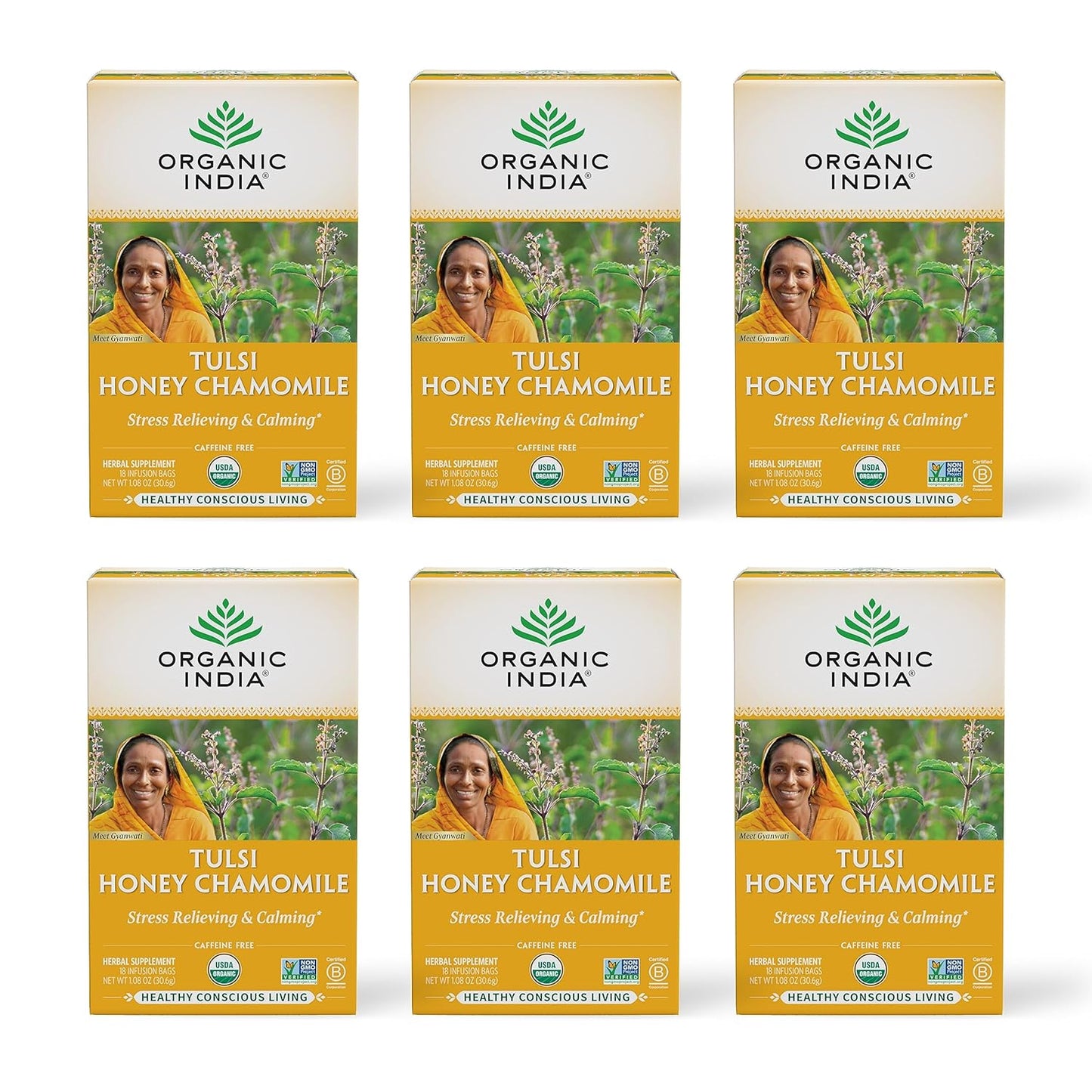 ORGANIC INDIA Tulsi Honey Chamomile Herbal Tea, 18 Infusion Bags, 6 Pack