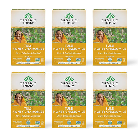 ORGANIC INDIA Tulsi Honey Chamomile Herbal Tea, 18 Infusion Bags, 6 Pack