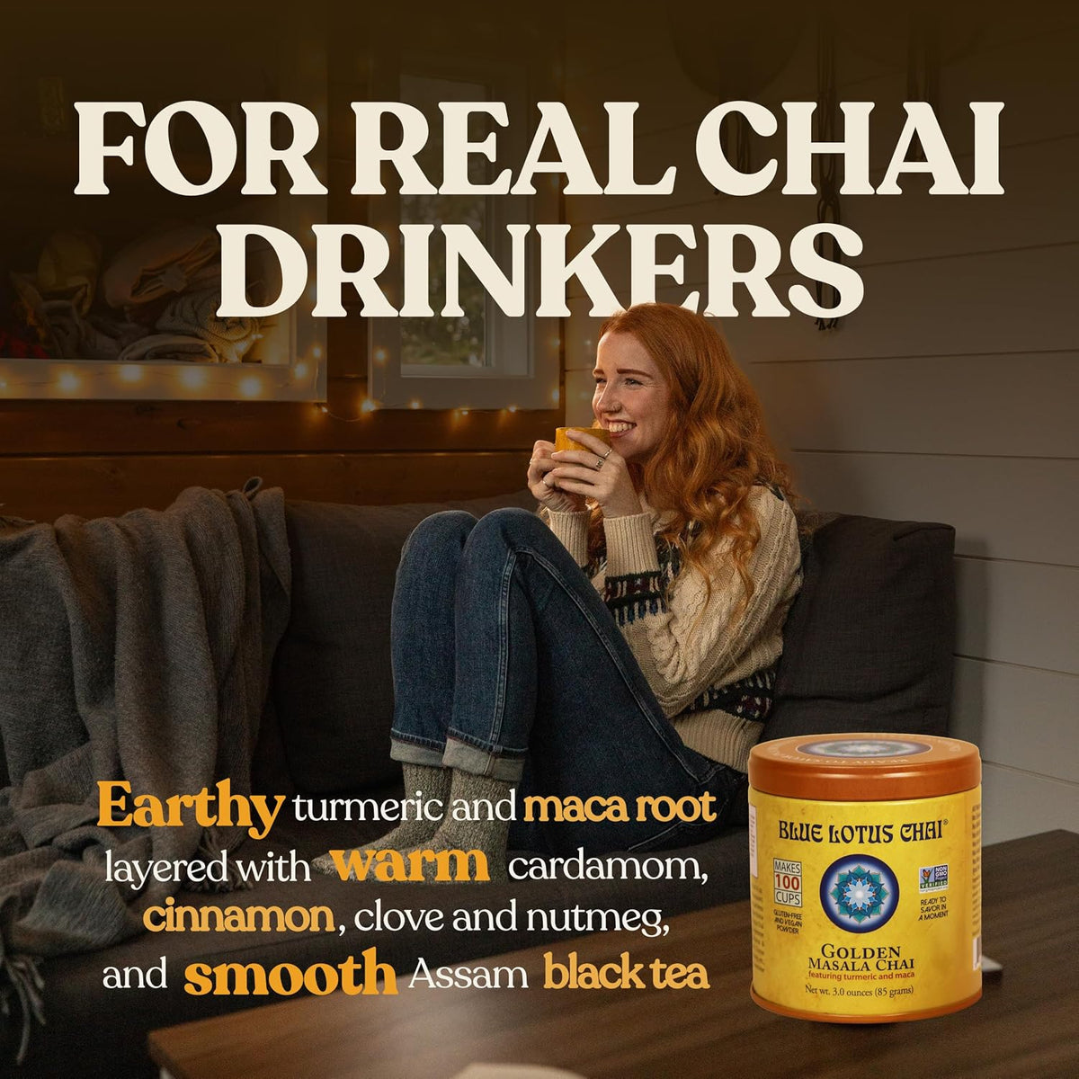 Blue Lotus Chai - Golden Masala Flavor Chai - Makes 100 Cups - 3 Ounce Masala Spiced Chai Powder with Organic Spices - Instant Indian Tea No Steeping - No Gluten