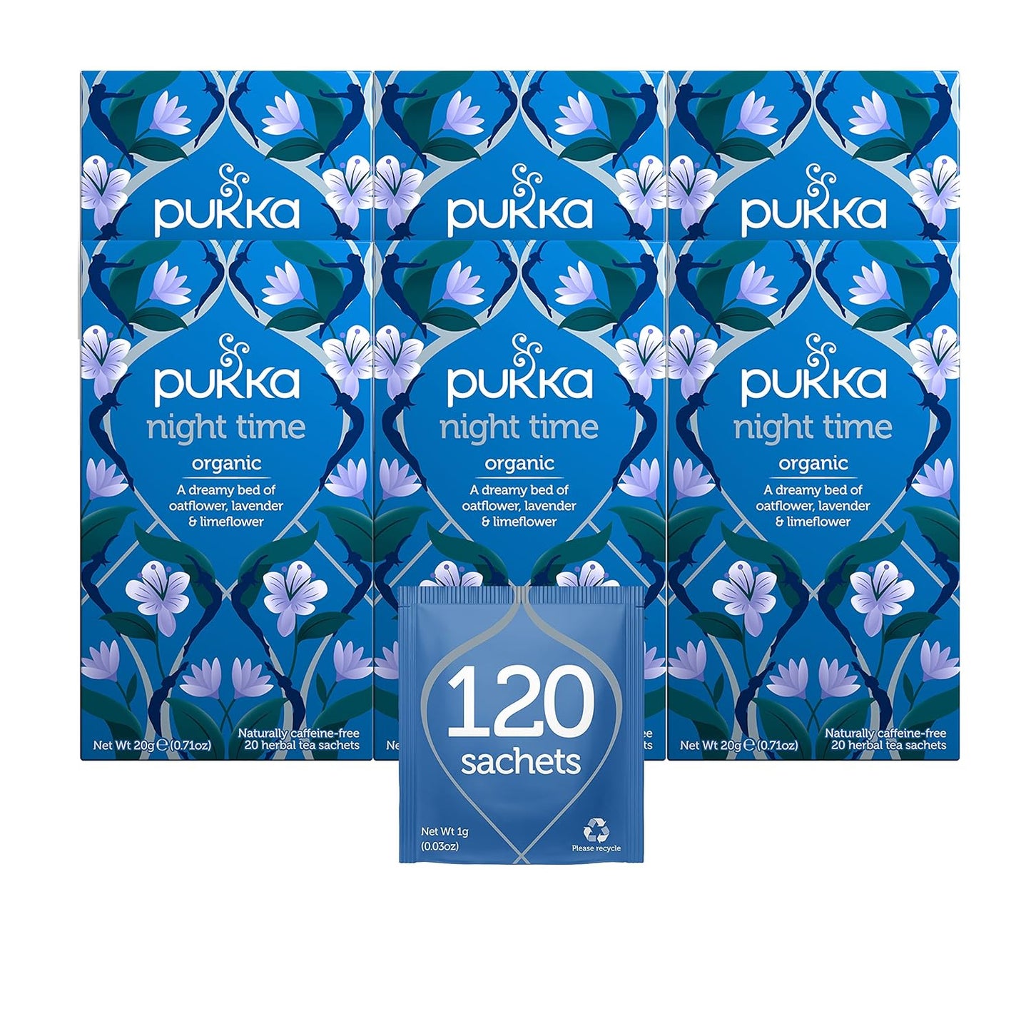 Pukka Organic Tea Bags, Night Time Herbal Tea with Chamomile, Lavendar &amp; Valerian, Perfect for Easing into a Soothing Sleep, 20 Count (Pack of 6) 120 Tea Bags