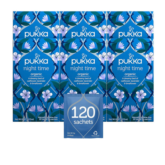 Pukka Organic Tea Bags, Night Time Herbal Tea with Chamomile, Lavendar &amp; Valerian, Perfect for Easing into a Soothing Sleep, 20 Count (Pack of 6) 120 Tea Bags