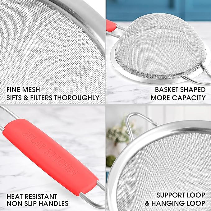 Zulay Kitchen Premium Stainless Steel Fine Mesh Strainer Set - Strainers For Kitchen (Set of 3) With Non-Slip Handles - Includes A Small, Medium & Large Fine Mesh Sieve Set - Durable Metal Strainer