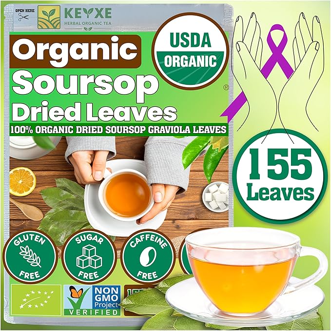 160+ USDA Organic Soursop Graviola Dried Leaves, Non GMO, 100% Organic Whole Soursop Leaves, Caffeine Free, Gluten Free, Wildcrafted & Authentic