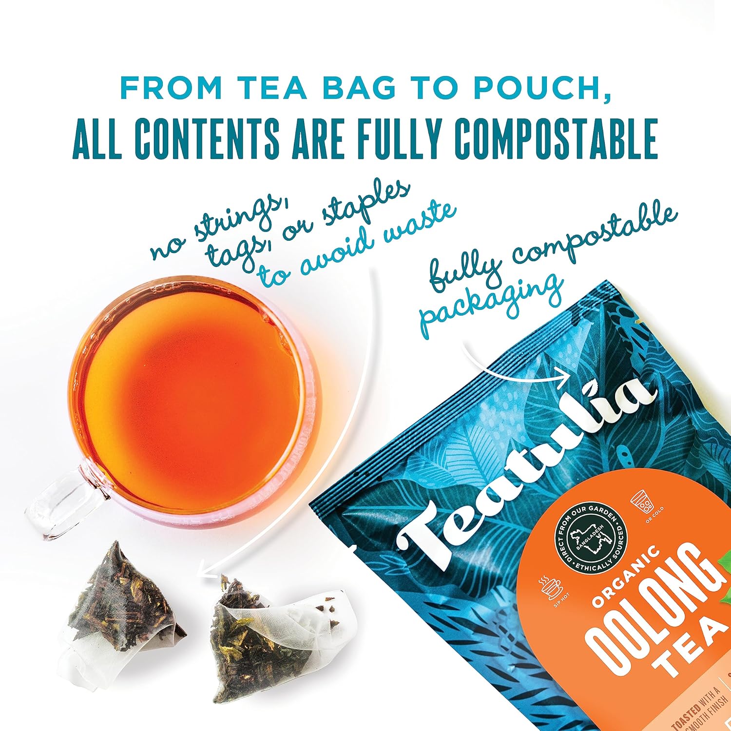 Teatulia Organic Oolong Tea Bags (50 Pyramid Sachet Teabags) Whole Leaf Tea. 100% Compostable And Sustainably Grown In Bangladesh. Best Oolong Tea